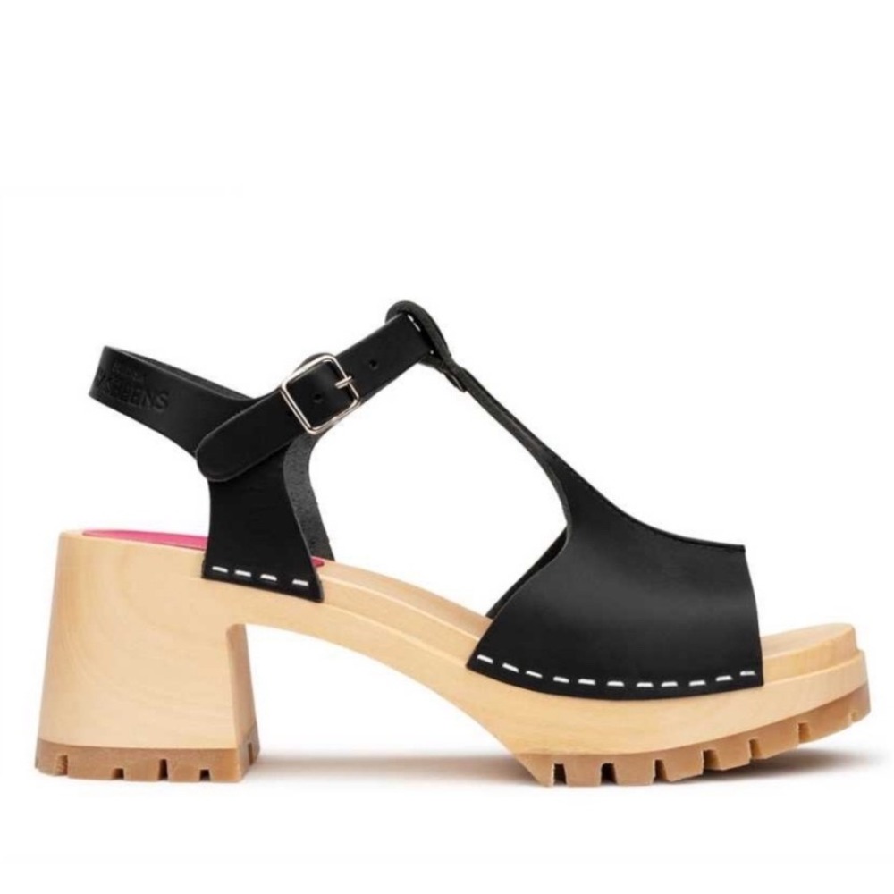 Swedish Hasbeens Stitched Tracta Black Leather Platform Sandals Size 40